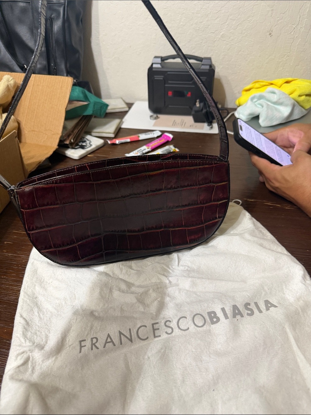 Francesco Biasia Croc-Embossed Shoulder Bag in Dark Burgundy
